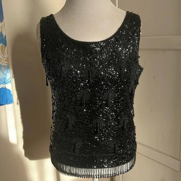 Stunning Vintage Black Wool Sequins Sleeveless Top with Beaded Fringe - Size L - Picture 1 of 13
